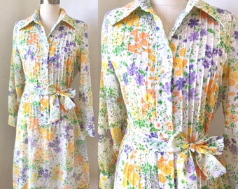 Vintage 1970s Lisa Cobb Semi-Sheer Floral Shirt Dress