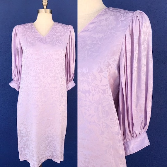 1980s Lavender Silk Jacquard Balloon Sleeve Sheath