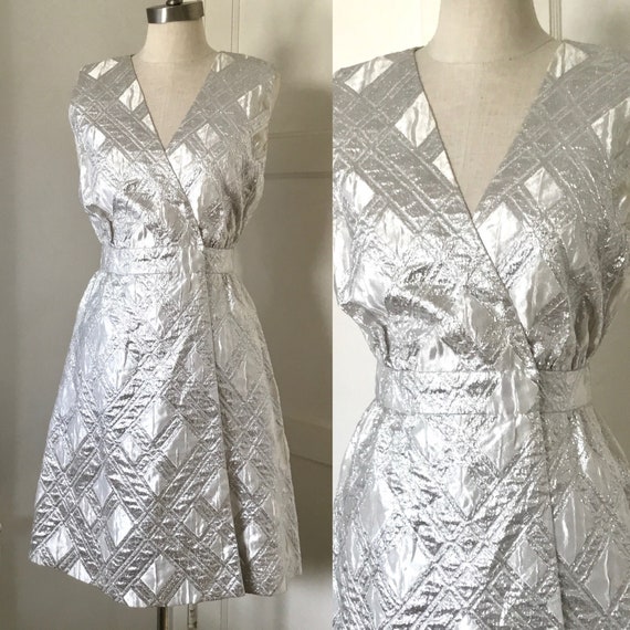 1960s-1970s Silver Brocade Party Dress - image 1