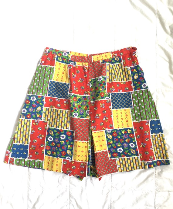 1960s 1970s Patchwork Print Scooter Skirt Shorts … - image 2