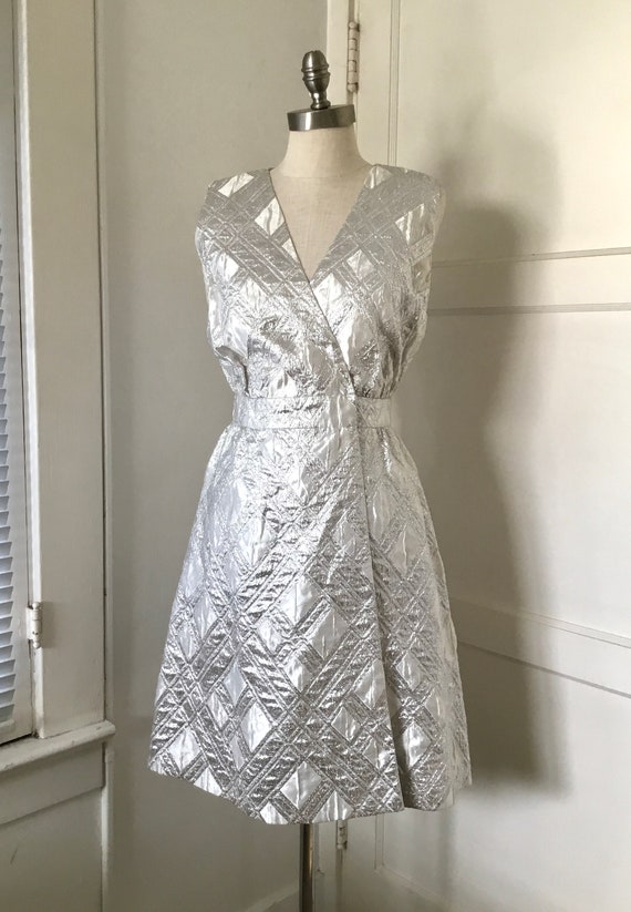 1960s-1970s Silver Brocade Party Dress - image 4