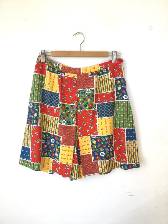 1960s 1970s Patchwork Print Scooter Skirt Shorts … - image 1