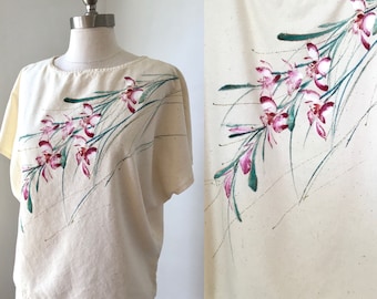 1980s Hand Painted Raw Silk Top