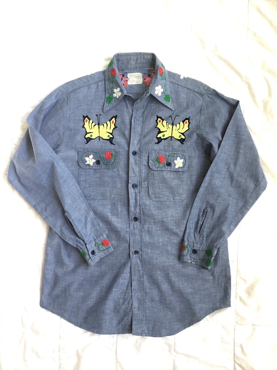 1970s Butterfly Embroidered Work Shirt