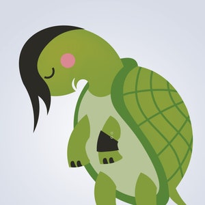 May include: A green turtle with a black mohawk hairstyle, wearing black sneakers with white stars, is standing with its head down and eyes closed.