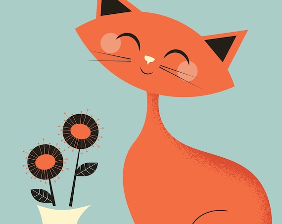 Mid Century Cat with flowers