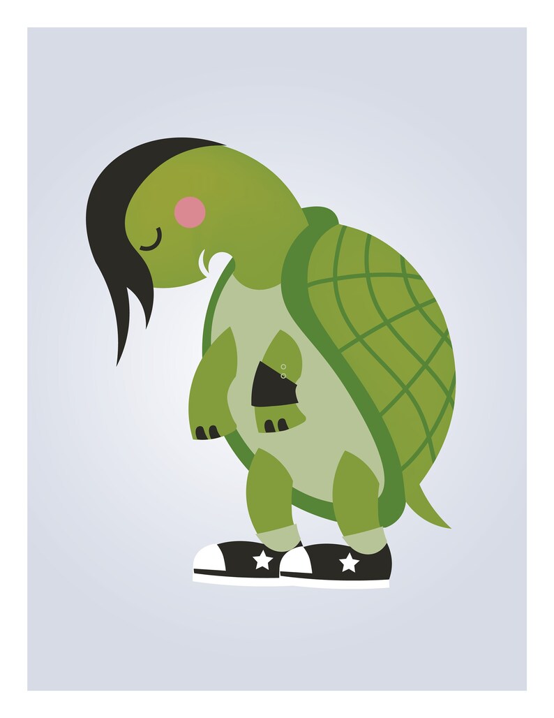 May include: A green turtle with a black mohawk hairstyle, wearing black sneakers with white stars, is standing with its head down and eyes closed.