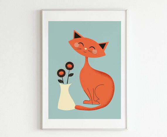 Mid Century Cat with flowers