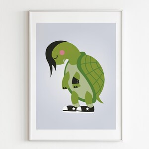 May include: A green turtle with black hair and a pink cheek is wearing black sneakers with white stars. The turtle is standing on a light purple background.