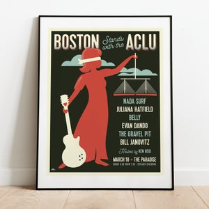 May include: A poster advertising a concert featuring Nada Surf, Juliana Hatfield, Belly, Evan Dando, The Gravel Pit, and Bill Janovitz. The poster features a silhouette of a person with a blindfold holding a guitar and a bridge in the background. The text "Boston Stands with the ACLU" is at the top of the poster. The concert is on March 18th at The Paradise.