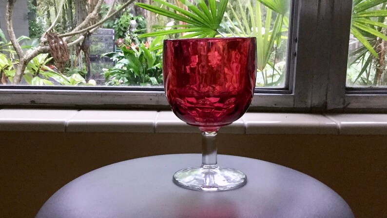 Set Of 2 Bartlett Collins Cranberry Flashed Thumbprint Pressed Glasses Footed Water Goblet Mid Century Gem - 