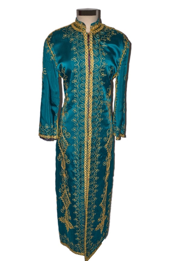 Vintage Estate Teal Silk Robe Kaftan Gold Rope Dre
