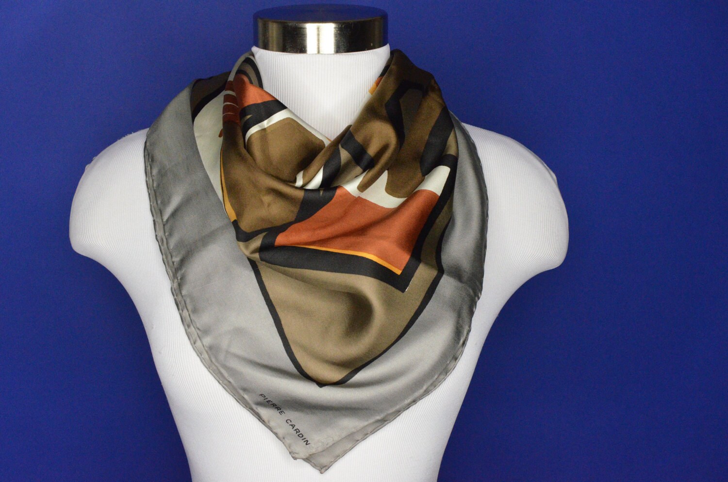 Long rectangular chiffon scarf ascot 70s brown tan teal stripe 60