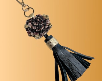 Black & Gold Beaded Rose Tassel – Handcrafted Leather Bag Charm