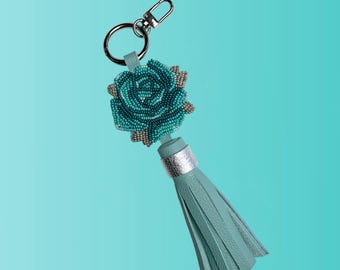 Teal & Silver Beaded Rose Tassel – Handcrafted Leather Bag Charm Made-to-Order