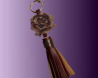 Bronze & Gold Beaded Rose Tassel – Handcrafted Leather Bag Charm Made-to-Order
