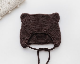 Knit Baby bonnet with bear ears, Seamless baby hat, baby bonnet, Newborn bear bonnet,Newborn coming home outfit,Baby boy hat, lillebjørnhue