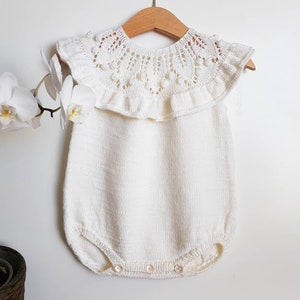 READY-TO-SHIP, 4-8 months, Knit Baby romper - handmade onesies - newborn romper - Ruffle romper- Baby girl romper- Baby bodysuit-baby knits
