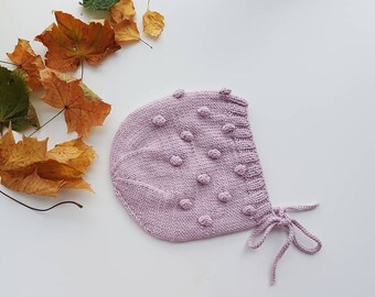 Popcorn Knit Baby Bonnet, Merino baby popcorn bonnet, Baby girl bonnet, Baby Girl Hat, Newborn bonnet, Newborn coming home outfit,Baby