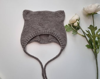 Knit Baby bonnet with bear ears, Seamless baby hat, baby bonnet, Newborn bear bonnet,Newborn coming home outfit,Baby boy hat, lillebjørnhue