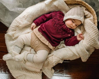 Cárdigan de punto-Cárdigan de bebé de punto-Cárdigan de niña de punto con hojas-Ropa de niña de punto-Regalo de bebé de punto-Baby shower-Kimono de punto de bebé