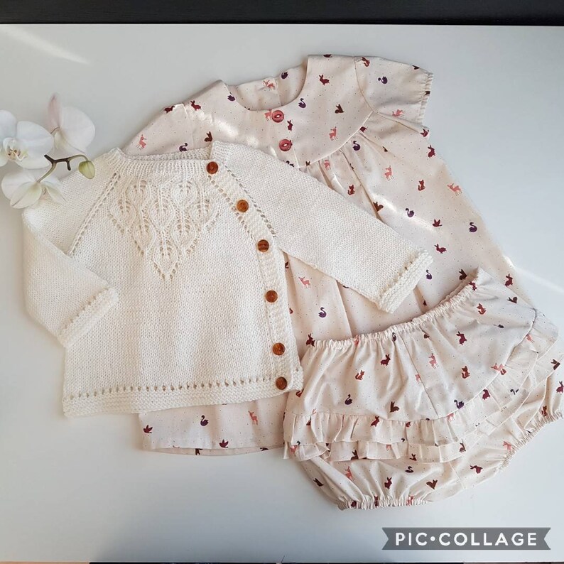 Baby-Mädchen-Outfit, 6-9 Monate Baby-Outfit, Ecotex Baby-Kleid, Hosen, Kleid, Hosen, Baby-Mädchen-Strickjacke, Vintage-Kleid, Baby Strickjacke set Bild 2