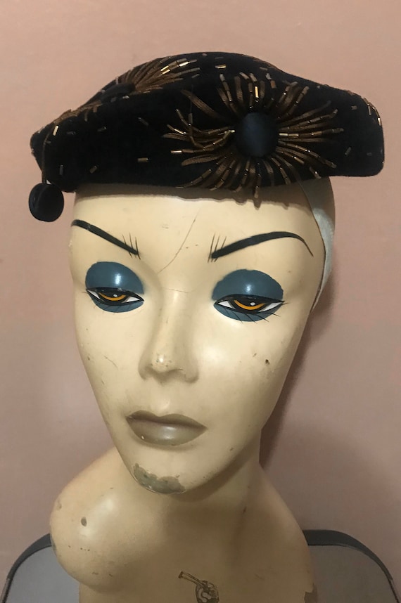 Vintage Elsa Schiaparelli Black Velvet Beaded Hat