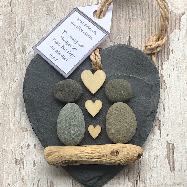Friends-Beach Pebble Art -Small Slate Heart Hanging Ornament. 4 Wording Options Available. Best Friends, Special, Friendship, Love, Sister,