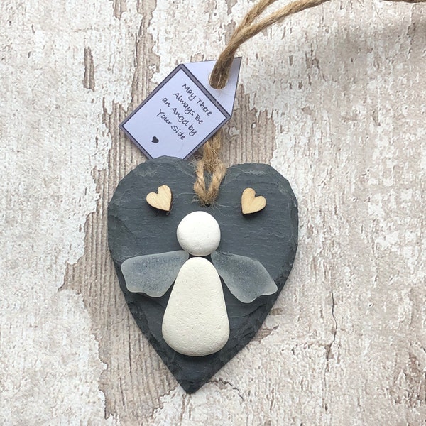 Angel- Small Slate Heart Pebble Hanging Ornament.