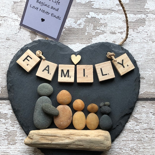 Family- Large Slate Heart pebble Hanging Ornament, Gift, Unique