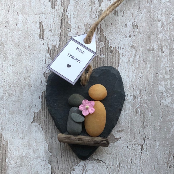 Best Teacher Beach Pebble Art -Small Slate Heart  Hanging Ornament