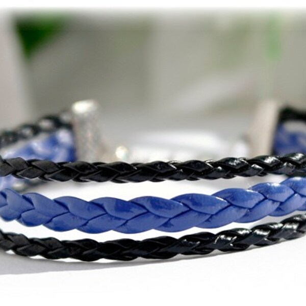 Braided leather bracelet / blue and black / 3 in one / spring and summer