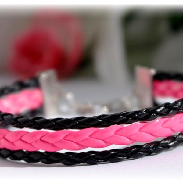 Neon pink braided  leather bracelet / with black leather / summer bracelet / high fashion