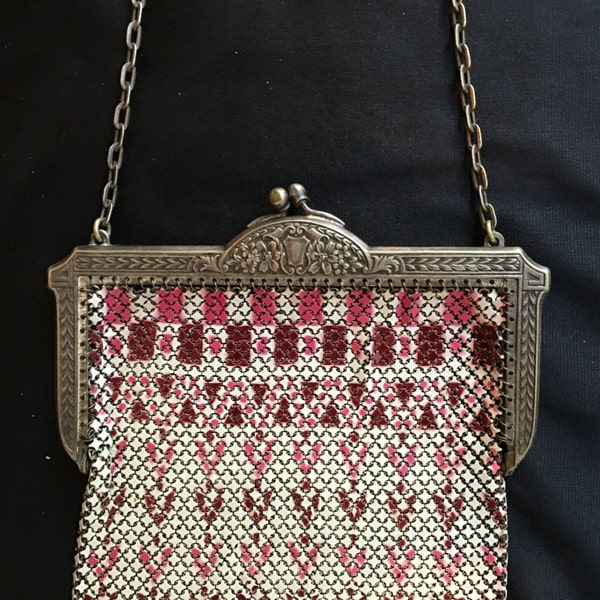 Large Mandalian enamel mesh purse with enamel drops, 1920s