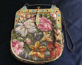 Stunning Art Deco needlepoint purse with fantastic enamel, glass, and brass frame and original lining, c. 1920