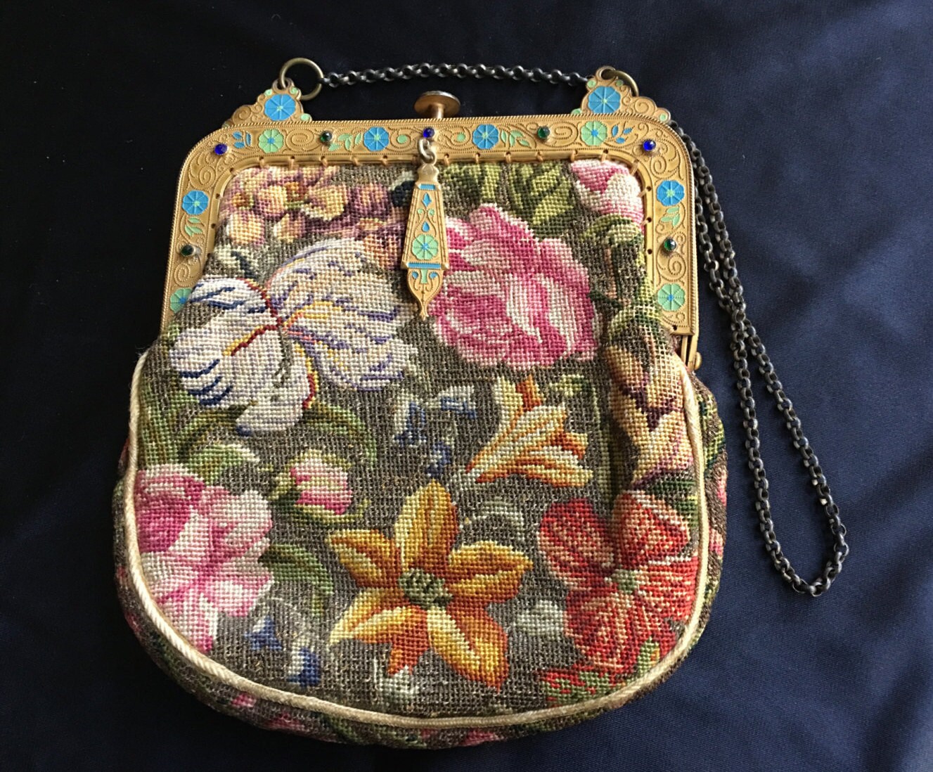 Stunning Art Deco Needlepoint Purse With Fantastic Enamel Etsy