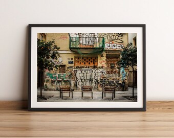 Barcelona Graffiti Wall Art Print, Three Chairs (Digital Download)