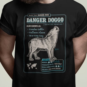 Funny Wolf Fact File - Danger Doggo, Wolf and Moon T-Shirt, Funny Wolf T-Shirt, Wolf Gift