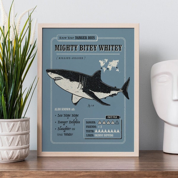 Funny Shark Poster - Know Your Mighty Bitey Whitey | Great White Shark Facts, Funny Shark Wall Art, Funny Sea Life Poster, Funny Beach Art