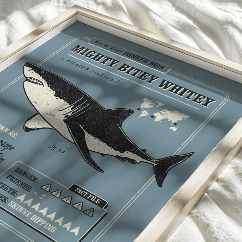 May include: A blue and white illustrated poster with the text "Know Your DANGER BOIS MIGHTY BITEY WHITEY (KILLIUS GILLIUS)". The poster features a cartoon illustration of a great white shark with the text "fy. 1.8" and a fact file with a danger rating of 5 out of 5.