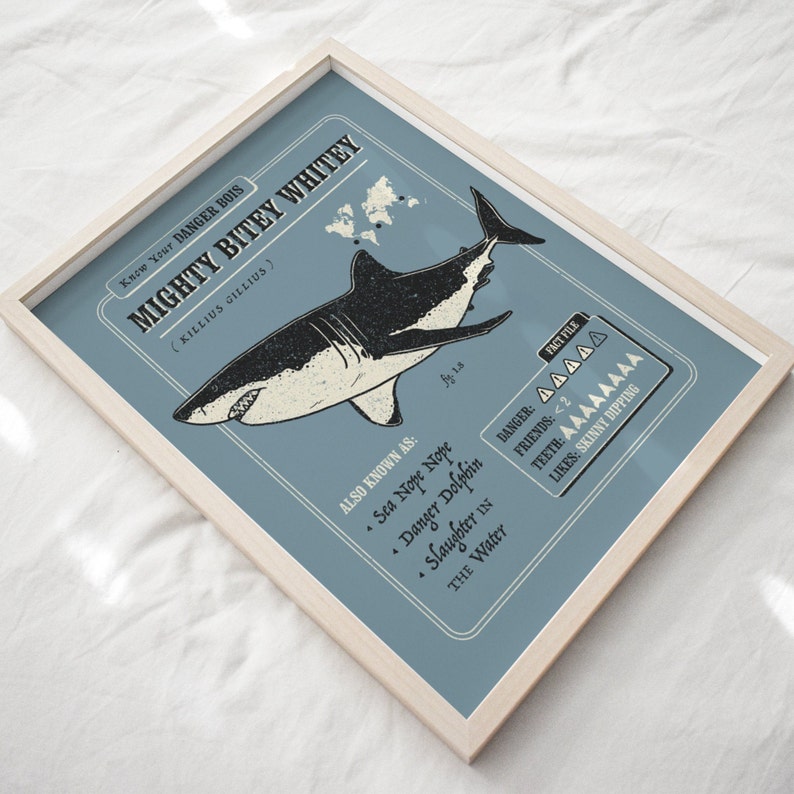 May include: A blue and white illustration of a great white shark with the text "Mighty Bitey Whitey (Killius Gillius)" and "Know Your Danger Bois". The illustration is surrounded by a white border and a blue background. The text "Also Known As: Sea Nope Nope, Danger Dolphin, Slaughter in the Water" is listed below the shark. A fact file with the text "Danger: AAAAA, Friends: <2, Teeth: AAAAAAAA, Likes: Skinny Dipping" is listed on the right side of the illustration.
