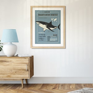 May include: A vintage-style poster with a blue background featuring a black and white illustration of a great white shark. The poster has the text "Know Your Danger Bois Mighty Bitey Whitey (KILLER SHARK)" at the top and includes a map of the world. The poster also includes the text "Also Known As: Sea Tiger, Bitey, Danger Dolphin, Slaughter in the Water" and a danger rating scale.