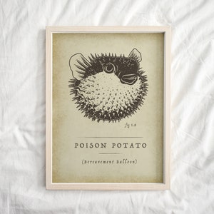Funny Pufferfish Poser "Poison Potato - Bereavement Balloon" Pufferfish Wall Art, Funny Pufferfish Gift, Blowfish, Marine Biology Poster