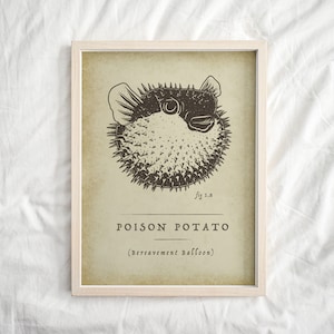 Funny Pufferfish Poser &quot;Poison Potato - Bereavement Balloon&quot; Pufferfish Wall Art, Funny Pufferfish Gift, Blowfish, Marine Biology Poster