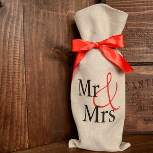 Linen &quot;Mr & Mrs&quot; Wine Gift Bag with Red Ribbon Tie