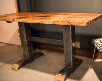 Factory Trestle Table/Desk, Kitchen Table, Dining Table, Steel Base, Reclaimed Wood, Butcher Block, Industrial