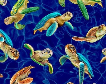 Sea Turtle Fabric: Royal Blue Ocean, Michael Miller Cotton - Cut to Order