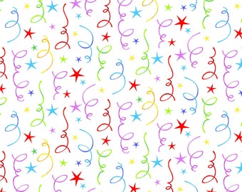 Stars and Streamers on White - Party Time Cotton Fabric By Studio E Fabrics, Birthday Party Fabric - Cut to Order