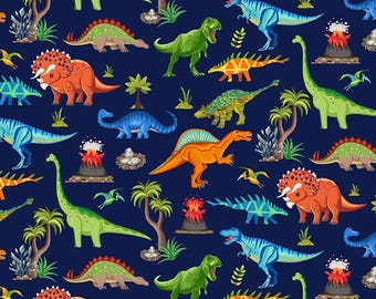 Dinosaurs Scenic on Navy Blue Cotton Fabric by Timeless Treasures Fabrics, Cut to Order