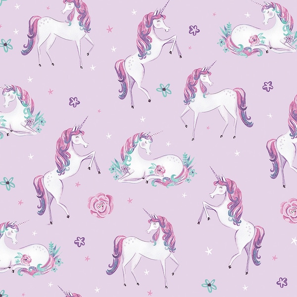 Unicorn Dreamers Pearlescent in Pink Cotton Fabric By Contempo - Cut to Order - White Unicorns with Stars and Flowers